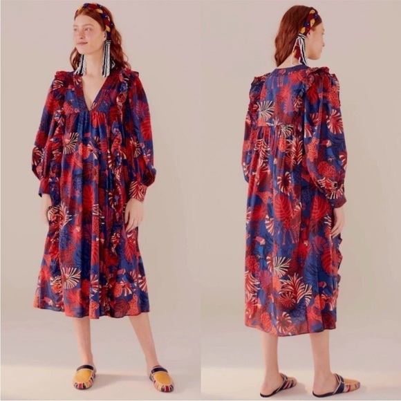 FARM Rio Dresses & Skirts - NWOT FARM RIO Red Blue Animal Tapestry Midi Tropical Flare Puff Sleeve Dress XS